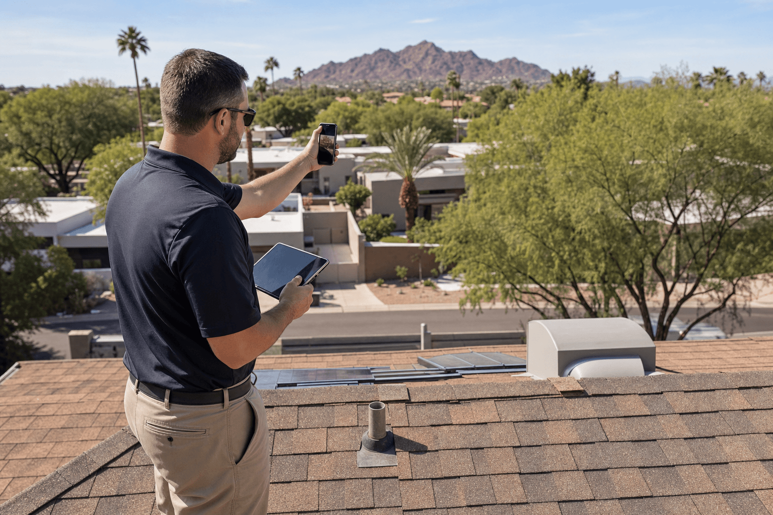 Roofing estimator documenting a Tempe roof inspection with a tablet