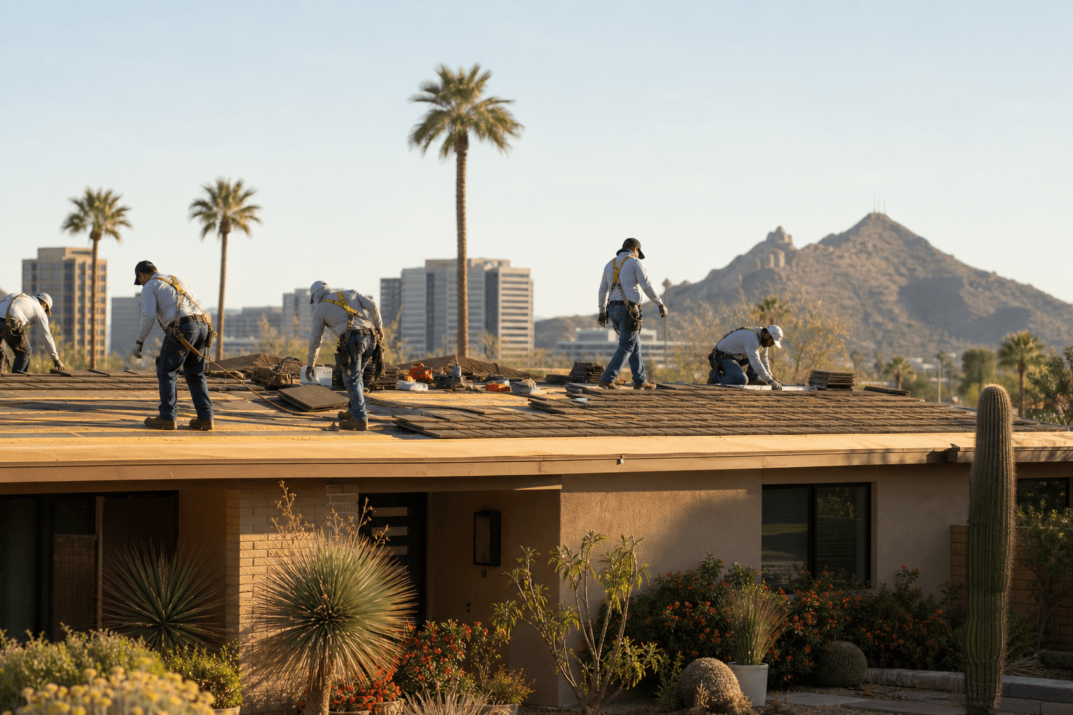Roofing crew working on a Tempe roof with desert skyline in the background